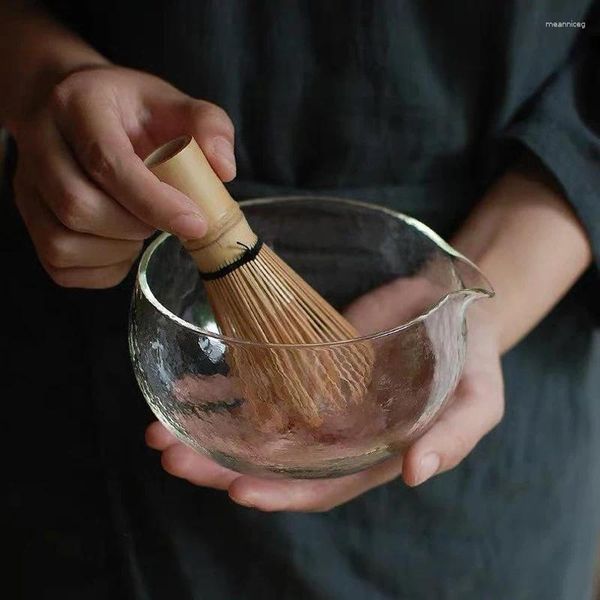 Teegeschirr-Sets, strukturierte Glas-Matcha-Schüssel mit Ausgießer – handgefertigte grüne Teezeremonie im japanischen Stil, Chawan, 400 ml, 13,5 Unzen, große klare Tasse