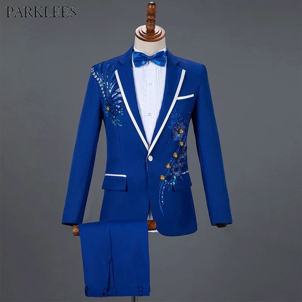 Royal Blue Lantejoulas Bordado Terno Homens Casamento Noivo Smoking Ternos Calças Dos Homens Um Botão Lapela Fase Traje Traje Hombre 2XL 240227