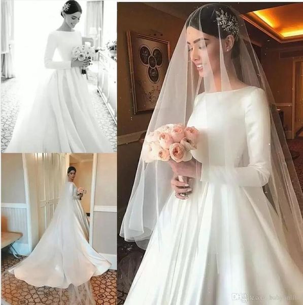 Schlicht gestaltete Satin-Brautkleider 2023, bescheidene Langarm, Beteau-Ausschnitt, Hofschleppe, Brautkleider, formelle Robe de Mariage, BC4519910421