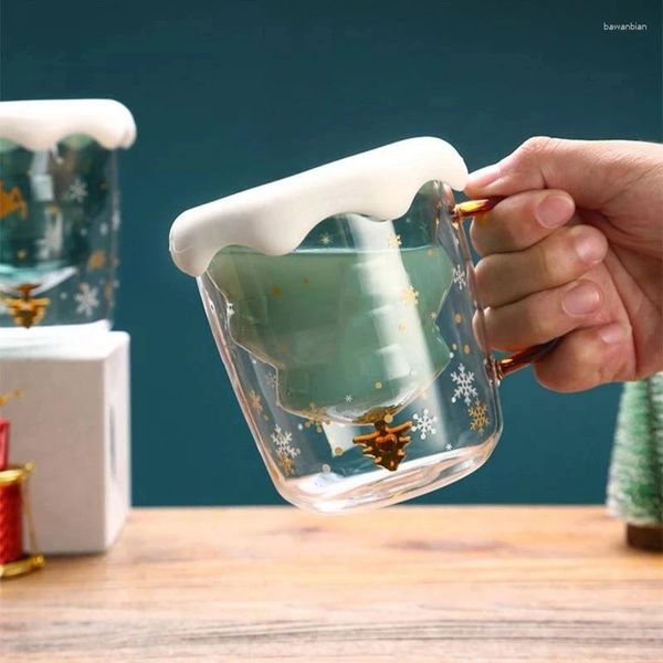 Kupalar Sevimli Noel Kahvesi Kupa Çift Cam 3D Ağaç Kupası Yalıtımlı Gözlük Süt Çay Espresso 300ml Noel Hediyeleri