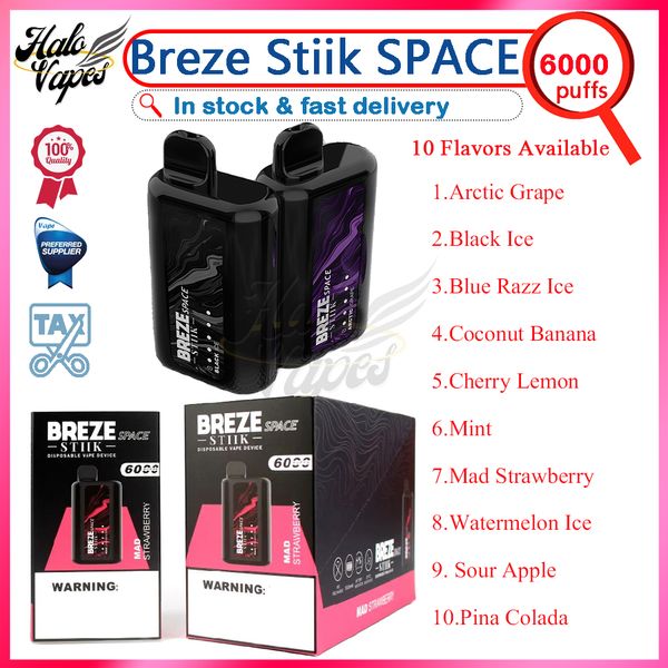 Original Breze Stiik SPACE 6000 Puff Descartável E Cigarro Vaper Bar Bateria 1500mAh 13ml 6k Puff 10 Sabores