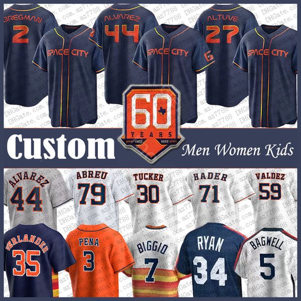 27 Jose Altuve 44 Yordan Alvarez Custom Houston Baseball Jersey Astros 2 Alex Bregman 3 Jeremy Pena Kyle Tucker Josh Hader Jose Abreu Justin Verlander Framber Valdez