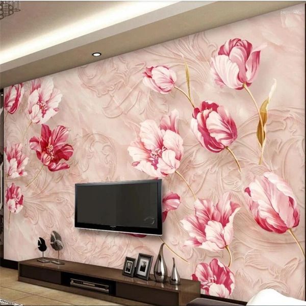 Tapeten: Marmor-geprägte Blumen-Tulpen-TV-Sofa-Tapete, benutzerdefiniertes großes Wandbild, grünes Papel De Parede Para Quarto