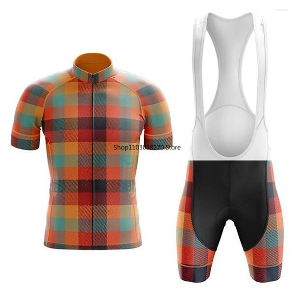 Conjuntos de corrida xadrez conjunto de ciclismo bib shorts bicicleta camisa camisa estrada manga curta roupas ciclo downhill mtb mountain terno