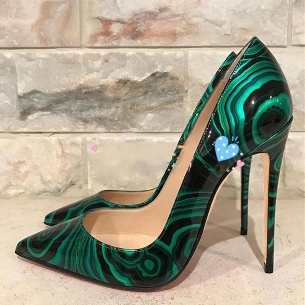 Scarpe eleganti Décolleté con tacco alto stampato verde sexy Tacchi a spillo Punta a punta Donna 12 10 8 cm Pelle verniciata poco profonda