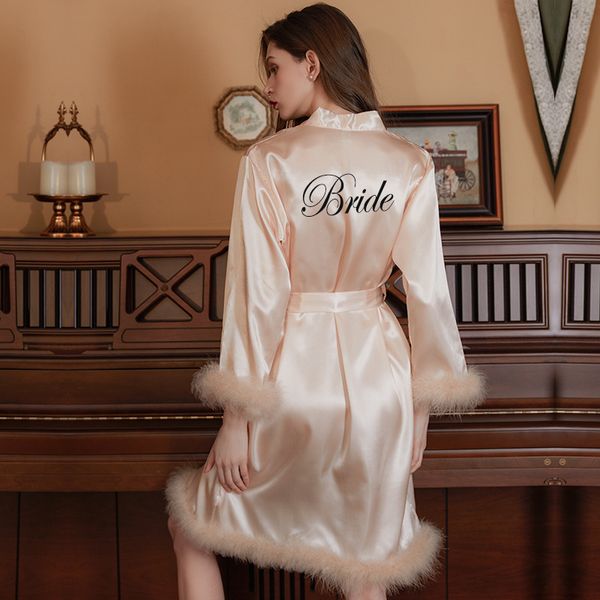 Abito da sposa con piume Abito da sposa in raso di seta Ricamo personalizzato Abbigliamento per addio al nubilato Camicia da notte Pigiama Set per regalo da damigella d'onore Bianco Rosa Champagne