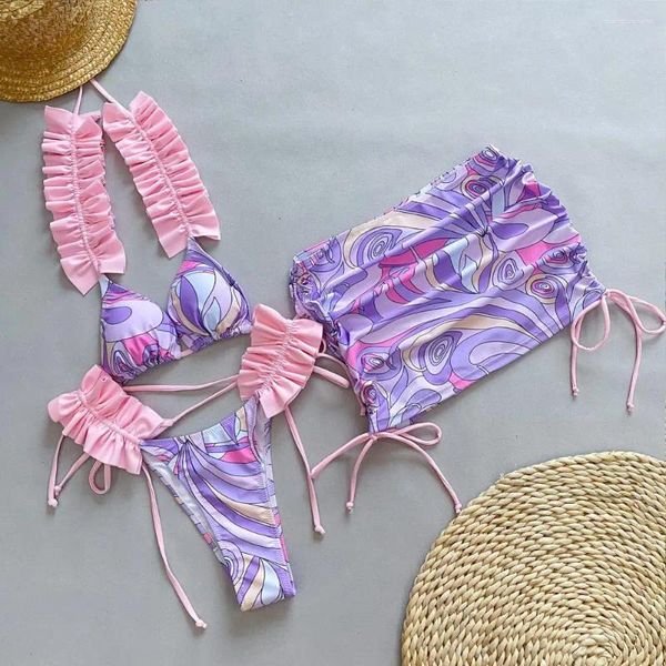 Damen-Bademode, 3-teilig, Sommer-Bikini-Set, Rüschen, bedruckt, Neckholder-BH, Riemchenhöschen, Hüftschutz, Rock, Badeanzug