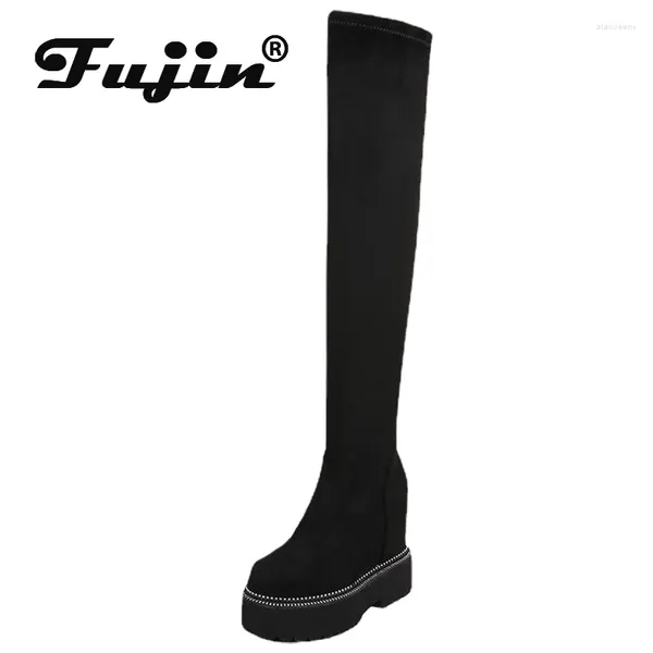 Stiefel Fujin 12 cm Stretch Fabric Plattform Keil gestrickt Herbst Frauen Plüsch Winter Frühling Mikrofaser Socke über Knie hohe Schuhe