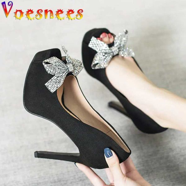 Kleidschuhe Neue High Heels Wildleder Single Sommer Glänzendes Wasser Diamant Bowknot Pumps Frauen Dicke Plattform Quadratischer Kopf Fisch Mund Stilettos H240325