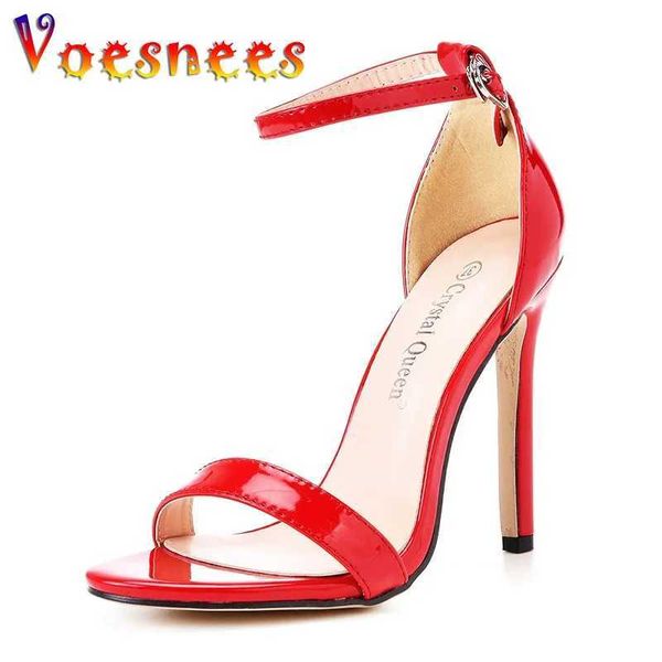 Sapatos de vestido 2023 novo sexy uma palavra banda mulheres bombas 11cm festa salto alto tornozelo fino cinto fivela sandálias vermelhas plus size verão casamento h240325