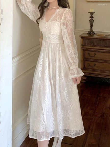 Casual Kleider Langes Kleid Frauen Vintage Elegante Spitze Damen Weiße Hochzeit Hülse Weibliche V-ausschnitt Midi Vestidos De Mujer