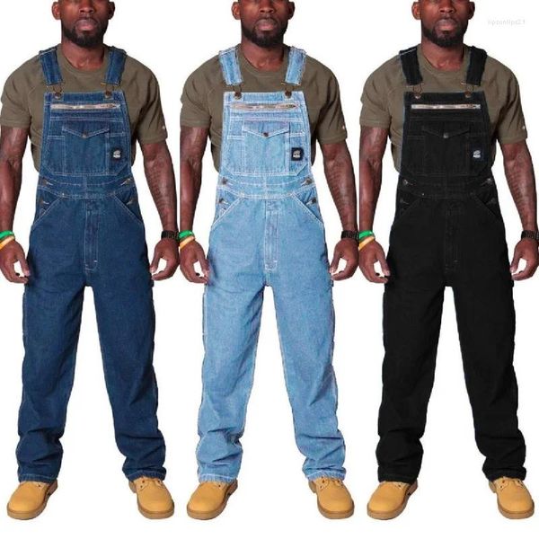 Jeans masculinos moda carga bib macacão high street denim macacões lavados workwear suspender calças para masculino tamanho grande 5xl