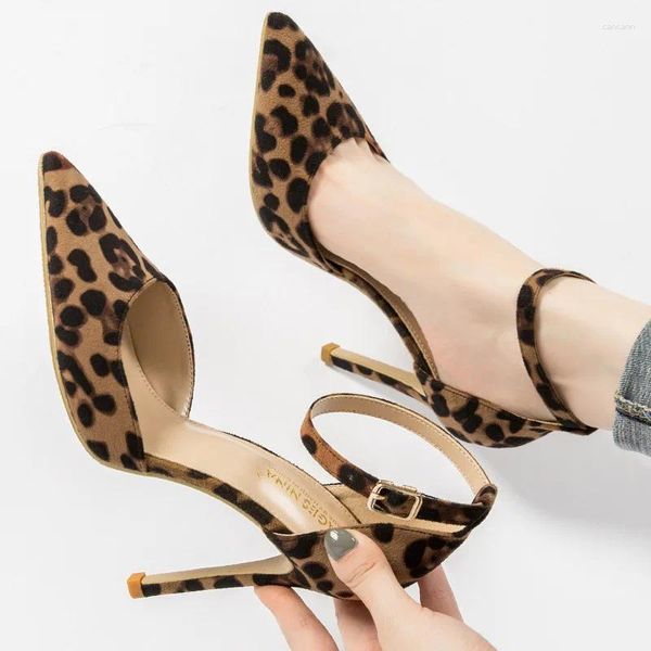 Sandálias LIHUAMAO Camurça Sexo Leopardo Salto Alto Slingbacks Ankle Strap Apontado Toe Bombas Senhoras Sapatos Festa de Casamento