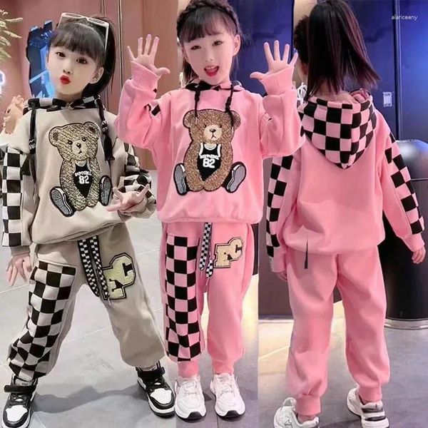 Conjuntos de roupas 3-12 anos primavera outono meninas conjunto dos desenhos animados urso padrão hoodies calças 2pcs roupa terno para crianças