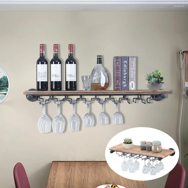 Rack de vinho retrô para armazenamento de cozinha, suporte de parede para garrafas de champanhe, bar pub, decoração de prateleira de vidro suspensa, 8 taças, 36 