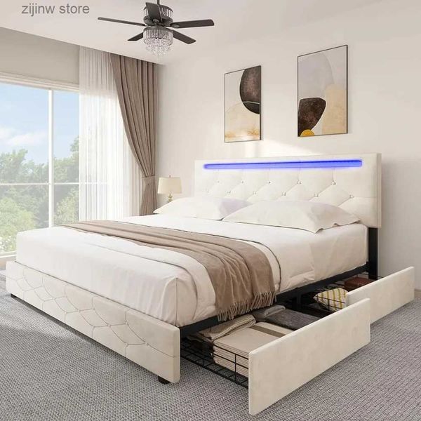 Sonstiges Bettwarenzubehör LED-Bettrahmen mit 4 Schubladen, verstellbares, eingebettetes Plattformbett mit Holzbrettstütze, keine Notwendigkeit für Federbox Y240320