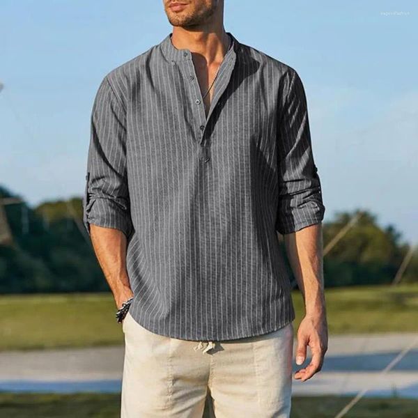 Camicie casual da uomo Camicia con motivo a righe verticali Elegante a righe con colletto alla coreana Dettaglio gemelli Tessuto morbido e traspirante per la primavera