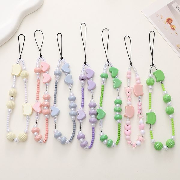 Neue Perle Katze Kopf Telefon Kette DIY Liebe Perlen Telefon Fall Hängen Zubehör Kurze Anti Verlust Handgelenk Gurt Für mädchen