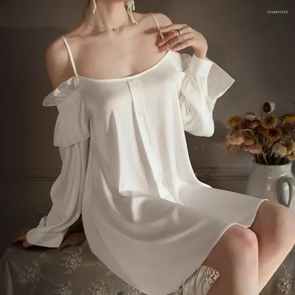 Damen-Nachtwäsche-Pyjamas für den weiblichen Frühling und Sommer, dünnes Eisseidenhemd mit langen Ärmeln, lockeres Plus-Size-Off-the-Shoulder-Slip-Nachthemd
