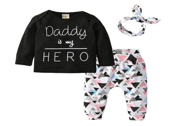 Neugeborene Baby-Kleidung „Daddy is my Hero“, 3-teiliges Outfit-Set, langärmelig, T-Shirt, Hose, Stirnband, Kleinkind-Kleidung, Anzug Y200802442725