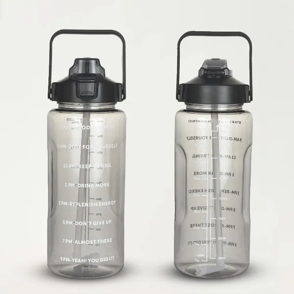 Wasserflaschen mit Strohhalm, 67 Oz/2 l Flasche B P A, kostenloser innovativer 2-in-1-Deckel, Sportzeiten zum motivierenden Trinken