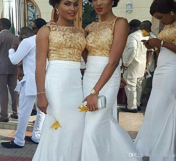 2020 elegante ouro rendas apliques top branco sereia vestido de noite de baile ancara até o chão roupas de convidados vestidos de dama de honra africanos9160306