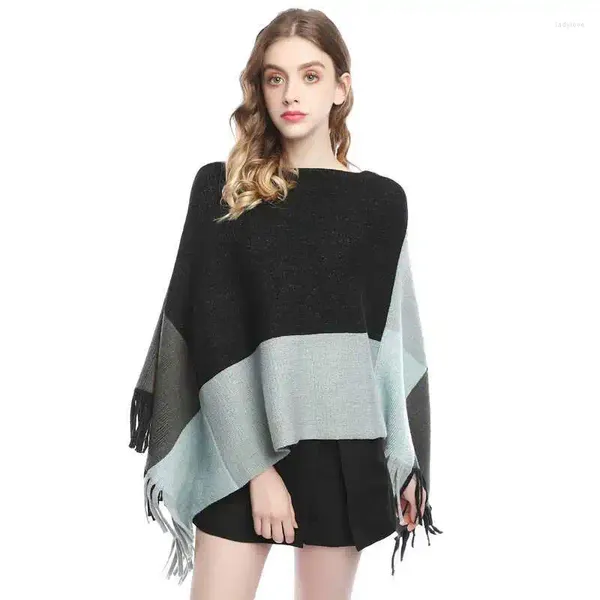 Женские шарфы, весенне-осенняя шаль, женская вязаная двухсторонняя накидка, контрастный цвет, пуловер с кисточками, свободный свитер, осень-зима, пончо из шерстяной пряжи
