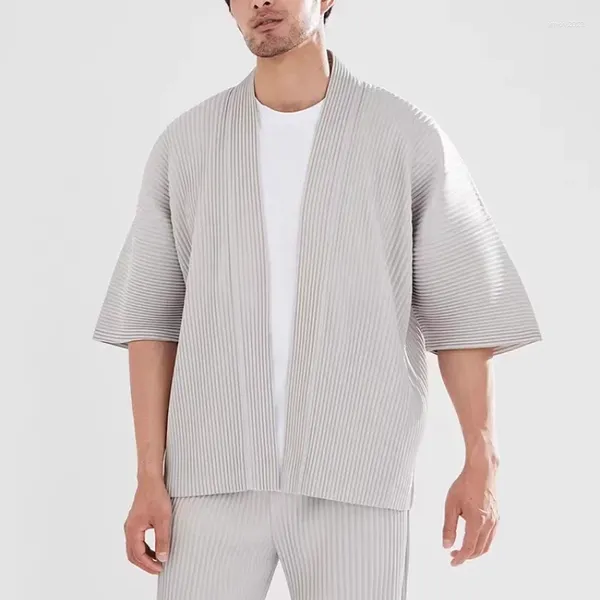 Jaquetas masculinas plissadas cardigan japonês outono moda sólida caiu casual solto meia manga casacos de grandes dimensões jl125