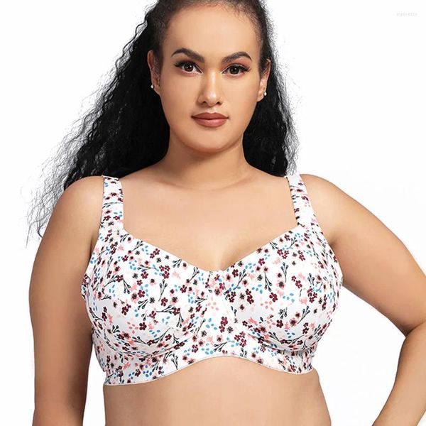 Sutiãs tamanho grande bralette impressão feminina underwire lingerie sem forro algodão conforto copo completo top bh plus sutiã b c d dd e f g