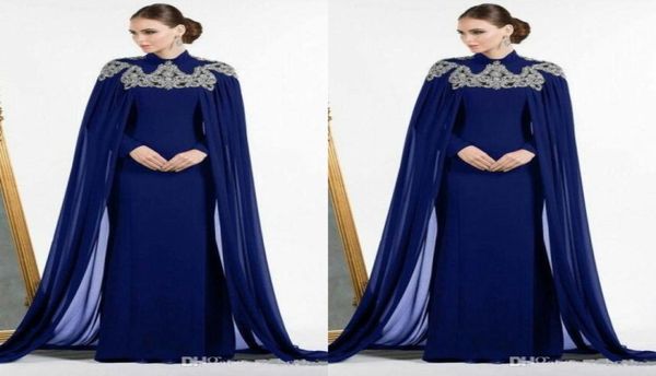 Árabe Azul Escuro Dubai Vestidos de Noite Com Cabo Frisado Gola Alta Equipado Sereia Longo Vestido de Baile Manga Longa Kaftan Marrocos Mãe Dr7178447