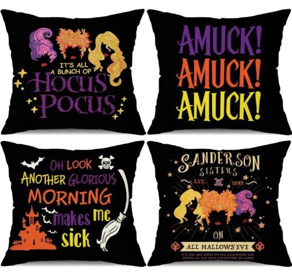 Fronha Halloween Ers 18X18 Conjunto de 4 Sanderson Sisters Hocus Pocus Decorações Fall Farmhouse Travesseiros Decorativos Throw Cush Mj1558071