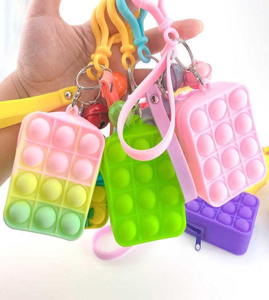 Sensorische Push-Pop-Blasen-Popper-Tasche, Mini-Gummi-Silikon-Geldbörsen, Schlüsselanhänger mit Glöckchen, Schlüsselband, Fingerblasen, Puzzle-Hüllen, Geldbörse, Münztasche, 8734249
