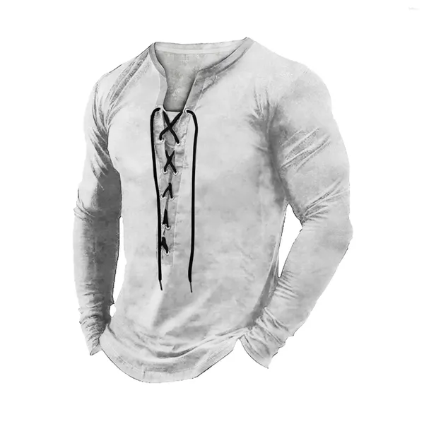 T-shirt da uomo Outdoor Vintage Lace-up con cappuccio T-shirt a maniche lunghe Autunno Plain Casual Top coreano Dongdaemun Abbigliamento di alta qualità