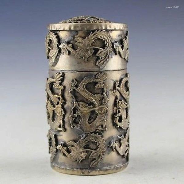 Бутылки Азиатского коллекционного украшенного тибетского серебра с резным драконом и коробкой Феникса