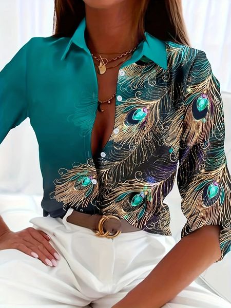 Pavão impressão casual solto camisa feminina outono vintage camisas de grandes dimensões e blusas moda elegante topos 240320