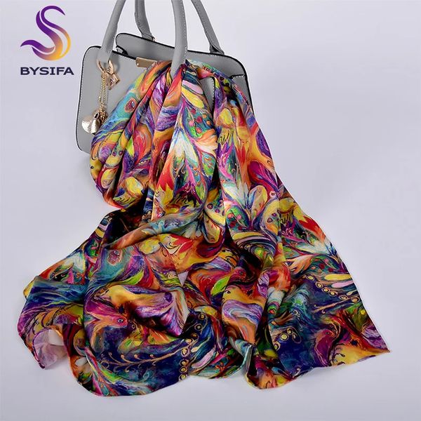 BYSIFA Sciarpa di seta pura di lusso Scialle Donna Primavera Autunno Sciarpe lunghe Donna Marca 100% seta Sciarpa di collo Foulard 175 * 52 cm 240314