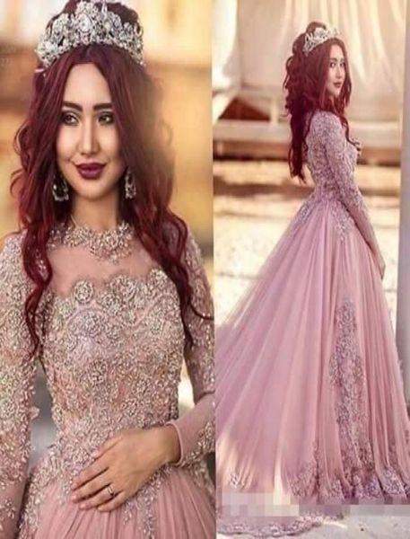Luxo empoeirado rosa árabe vestidos de casamento jóia pescoço frisado cristal capela trem tule ilusão mangas compridas vestido de casamento d3706387