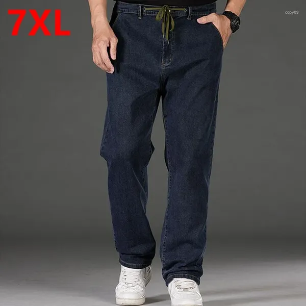 Jeans masculinos primavera perna larga homens retos pretos calças grandes cintura elástica plus size 44 42 40