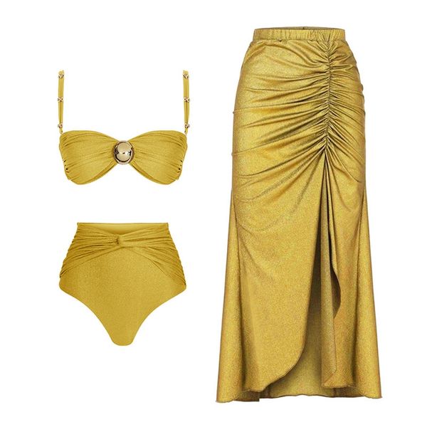 ARXIPA Sexy Bikinis, zweiteiliger Badeanzug für Damen, Bandeau-Badeanzug, gepolstert, Push-Up, Strandmode, einfarbig, gelb, hohe Taille, brasilianischer Kreuzverband mit gerüschtem Überzug