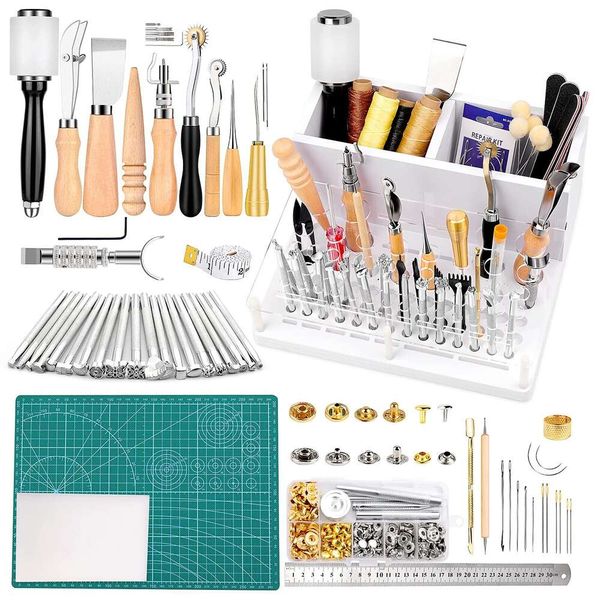 Kit de trabalho, couro inclui porta-ferramentas, conjunto de rebites, ferramentas de estampagem, kit de ferramentas de artesanato em couro para iniciantes e profissionais