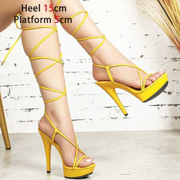 Kleidschuhe 2023 Neue Schnürsandalen Frauen Plattform Sommer Damenmode Dünnes Band High Heels Pumps Plus Size Nachtclub Stripper Show H240321