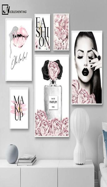 Decorpainting amp caligrafia rosa flor moda senhora cartaz sliver lábios maquiagem impressão em tela pintura da arte parede imagem moderna g9287351