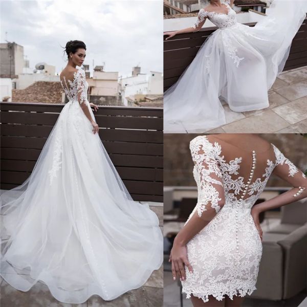 Vestidos 2021 sexy curto bainha país praia vestidos de casamento com saia destacável 2 em 1 apliques rendas vestidos de noiva formais barato mais si