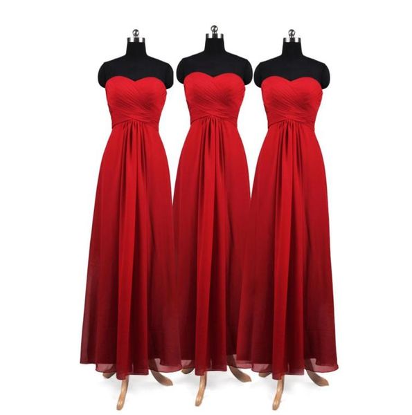 Imagem real vermelho longo vestidos de dama de honra straoless fluxo chiffon blush dama de honra formal baile barato festa vestidos de dama de honra 9111598