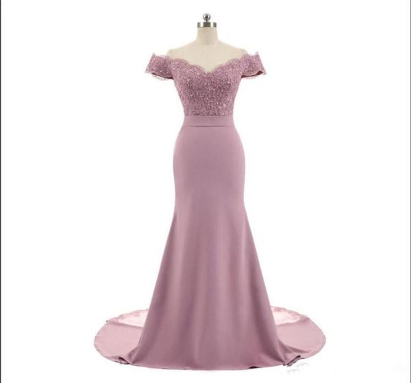 Nova chegada rosa v pescoço boné manga vintage rendas apliques frisado sereia vestidos de dama de honra vestidos de festa8047050