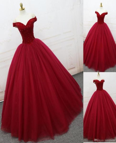 Immagine reale Abito rosso Quinceanera economico 2019 Corsetto con scollo a V e perline Abiti dolci 16 Abiti da sera per feste Vestido De 15 Anos Spettacolo 6956859