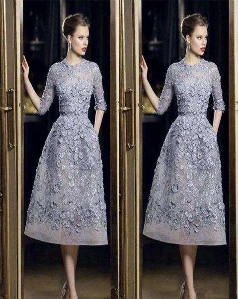 Elie Saab Abendkleider, elegante Spitzenapplikationen, A-Line-Abschlussballkleider, 34, langärmelig, Teelänge, sexy, formelles Party-Berühmtheitskleid, Cus3249852