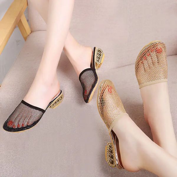 Sandalen 2023 Summers Frauen Bling Lace Design Luxus Sandalen Gold Low Heels Ladies Plus Size Casual Footwear Mesh Ladies Pantoffeln