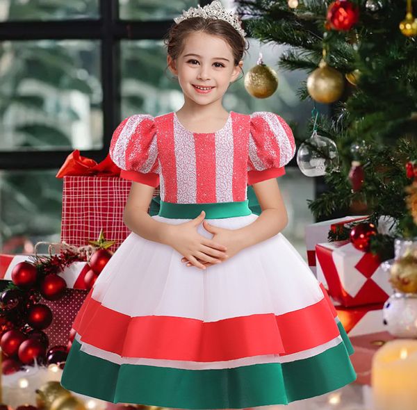 Noel Çocuk Performans Elbiseleri Kız Pullu Stripe Puff Sleeve Bows Prenses Elbise Saç çubukları 2 adet Setler Çocuk Noel Partisi Giyim Z4296