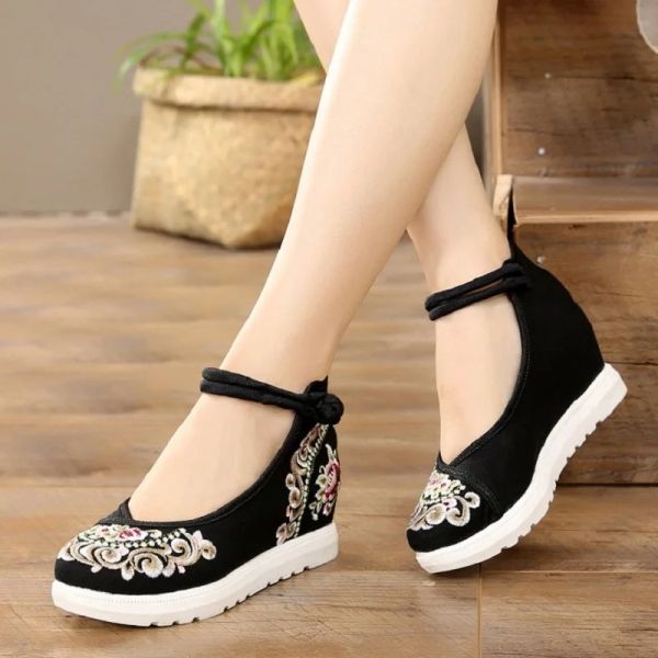 BOMBAS MULHERES CANVAS DE ALTURA ALTURA ANCIDO SPRING Spring Autumn Style Style Bordados vintage Bordas Sapatos Lady Shoes 0907